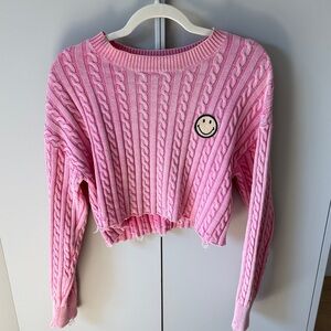 Sandro Pink Cable Knit Sweater with Smiley Patch